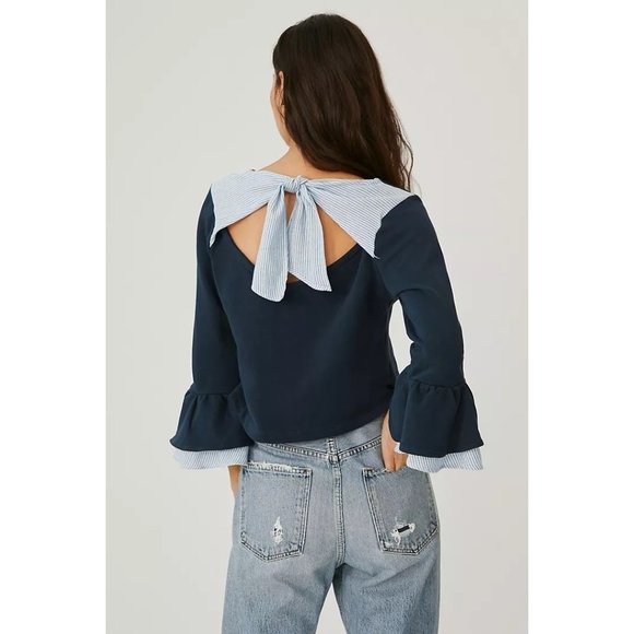 Anthropologie Tops - Anthropologie Maeve Flounced Bow Back Pullover Women M Stripe Academia Preppy